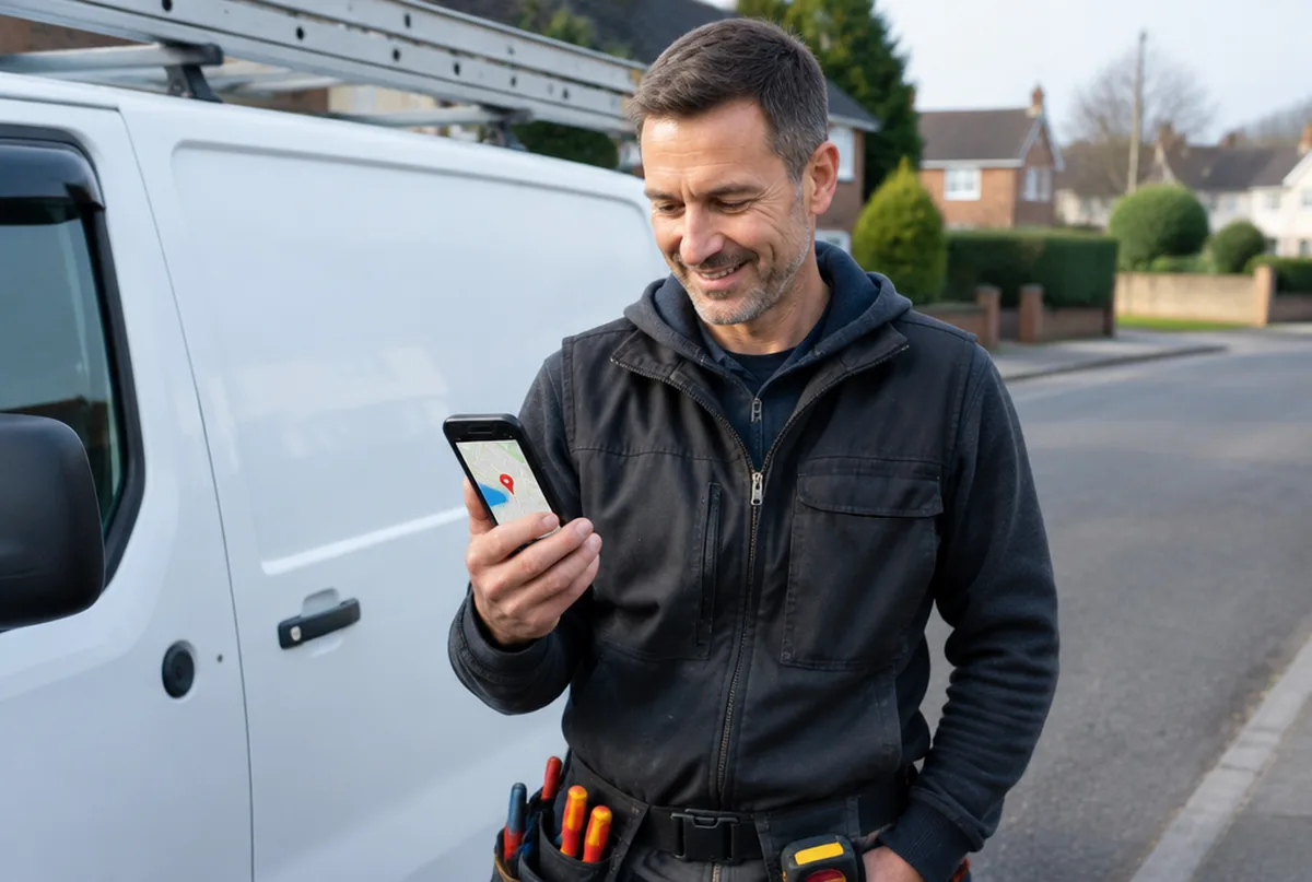 Electrician standing by his van checking the map on his phone