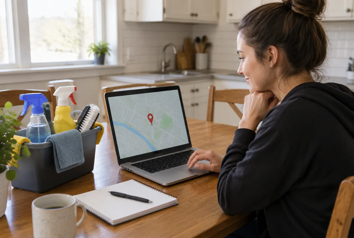 New business owner setting up a listing on her laptop at a kitchen table