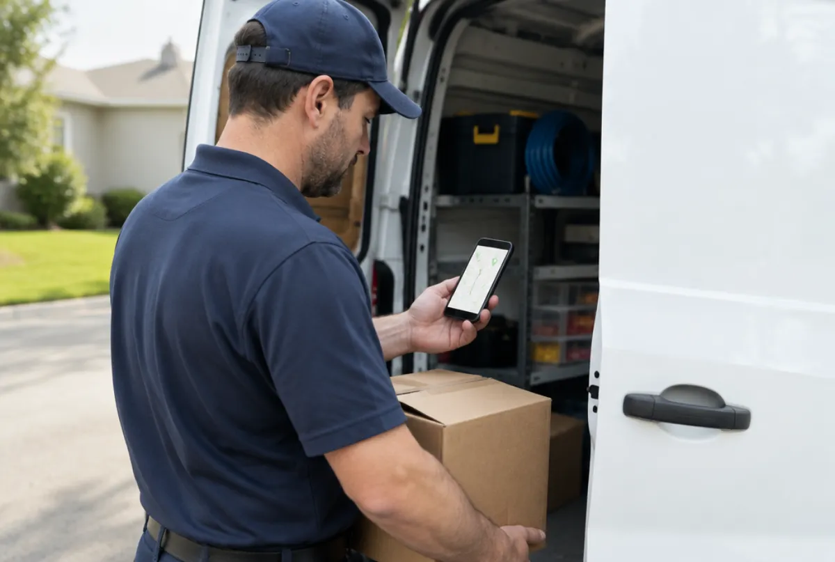 Appliance repair business owner checking a map on his phone at his van