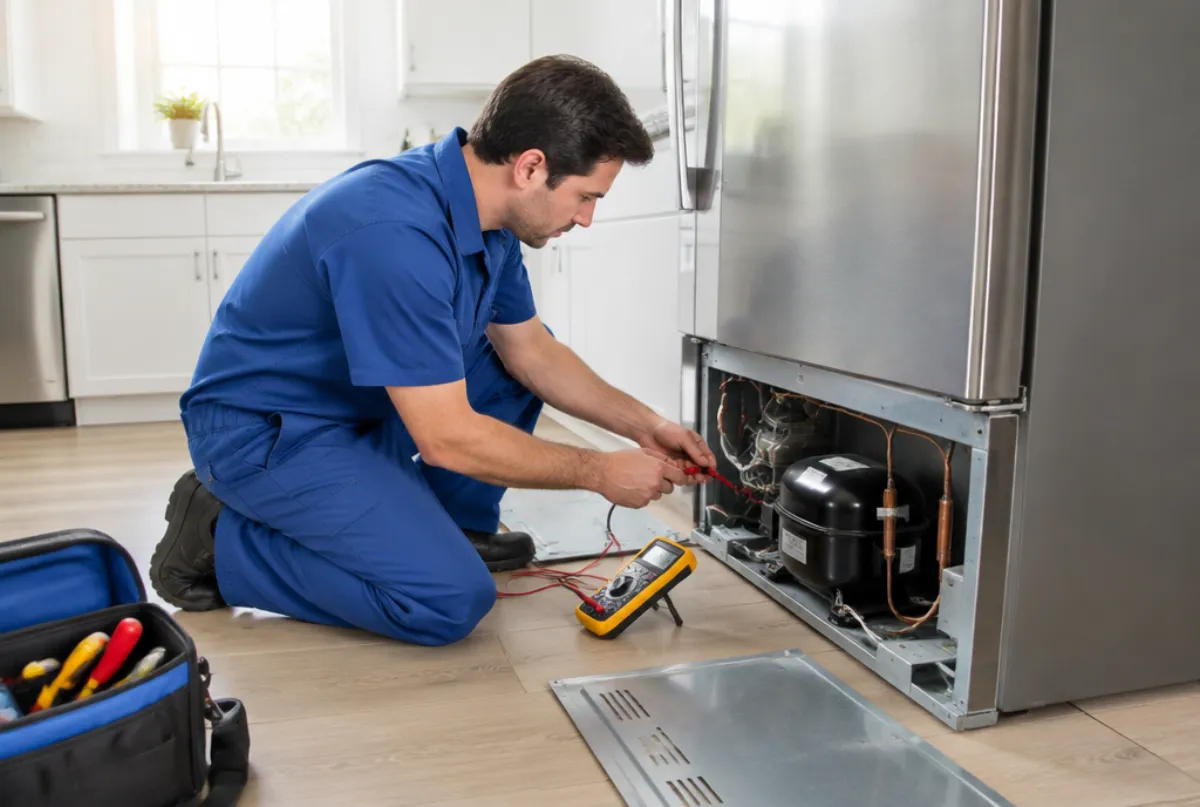 Appliance repair technician testing a refrigerator in a kitchen