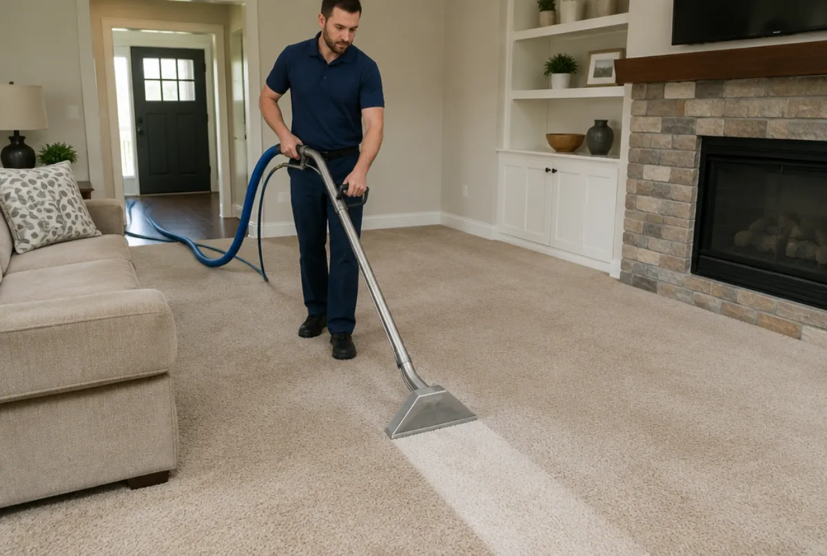 Carpet cleaning technician leaving a clean path across a living room carpet