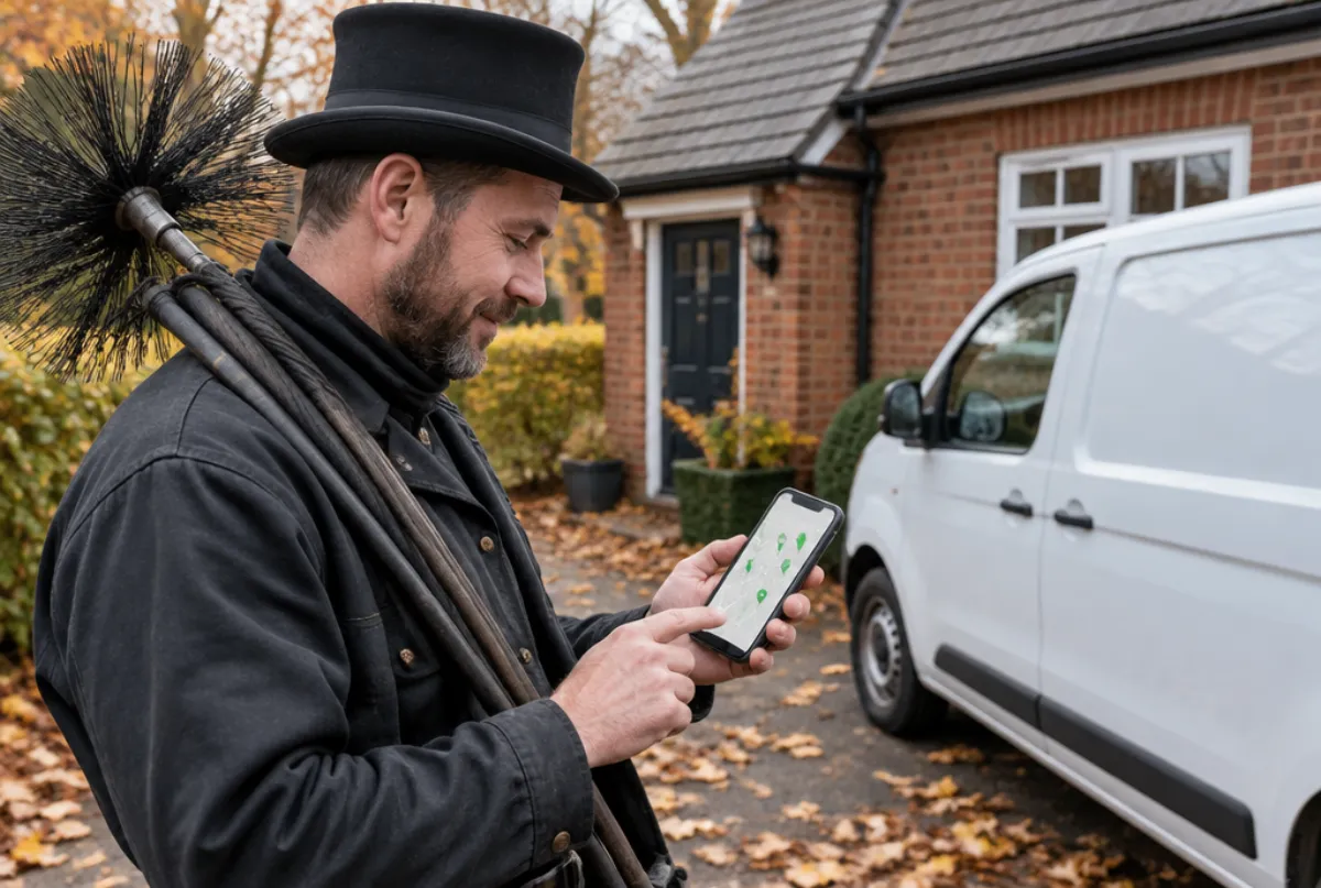 Chimney sweep business owner checking a map on his phone by his van