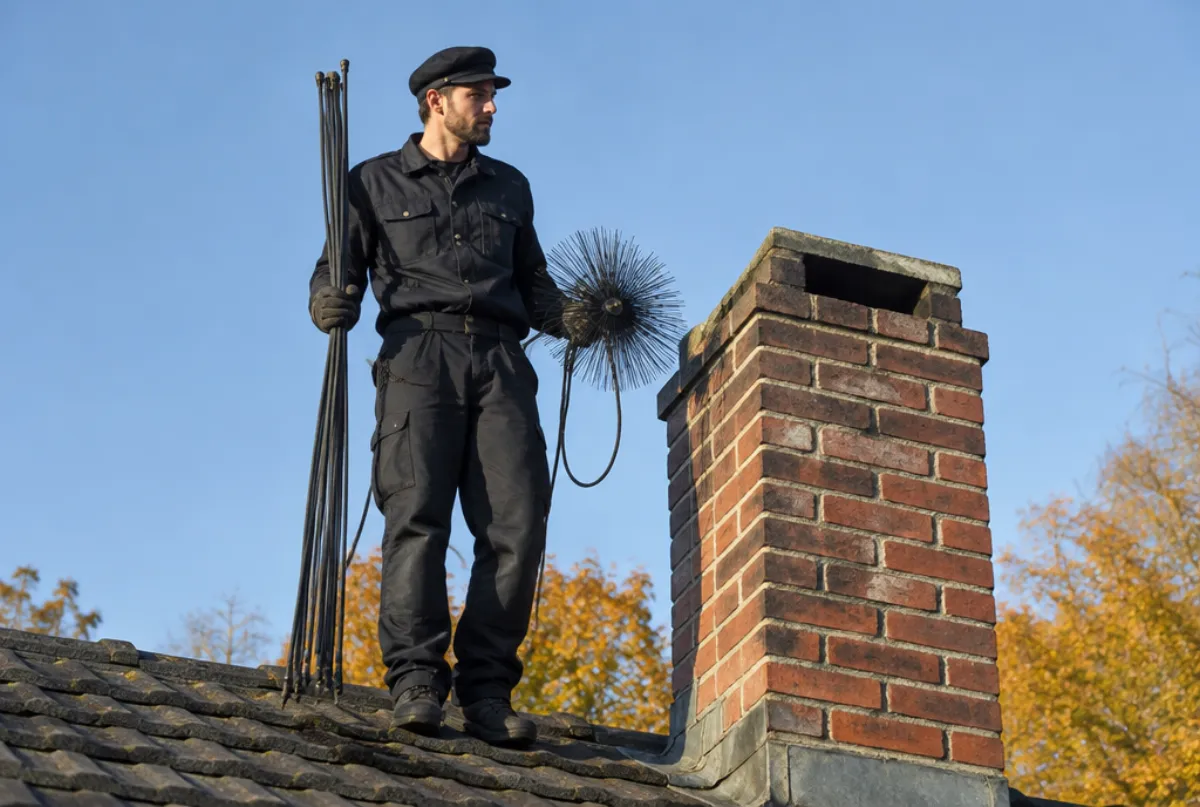 Chimney sweep with brushes on a roof beside a brick chimney