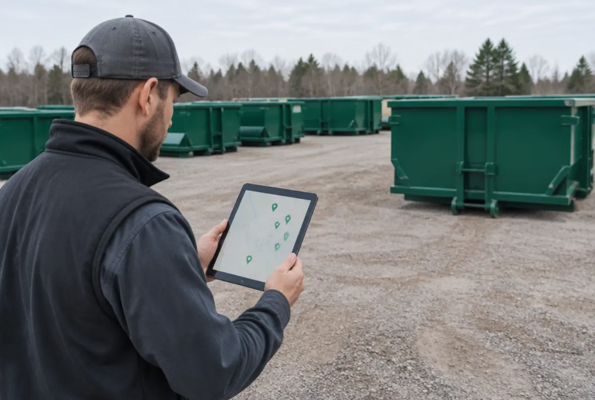 Dumpster rental business owner checking a map on a tablet in his yard