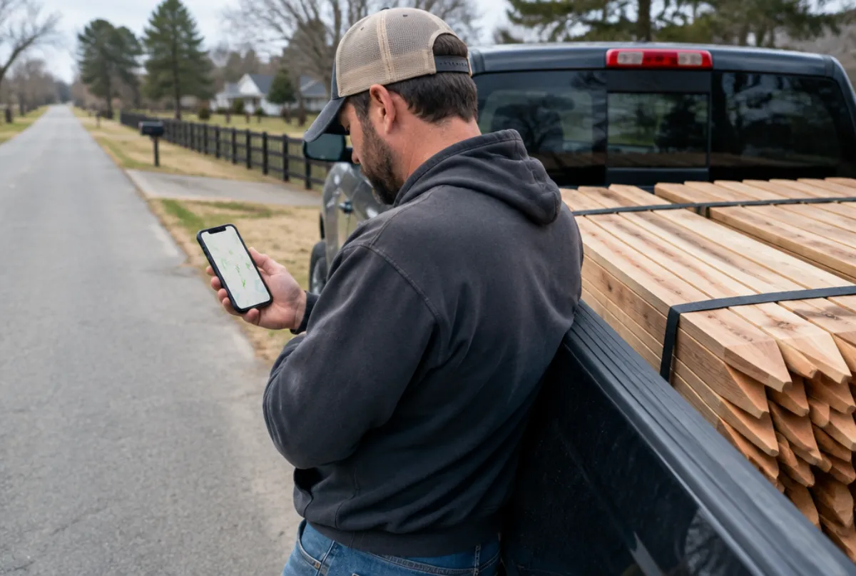 Fence company owner checking a map on his phone beside a load of pickets