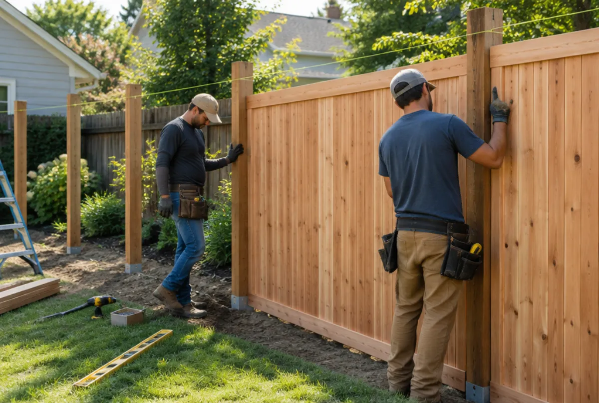 Crew installing cedar privacy fence panels in a backyard