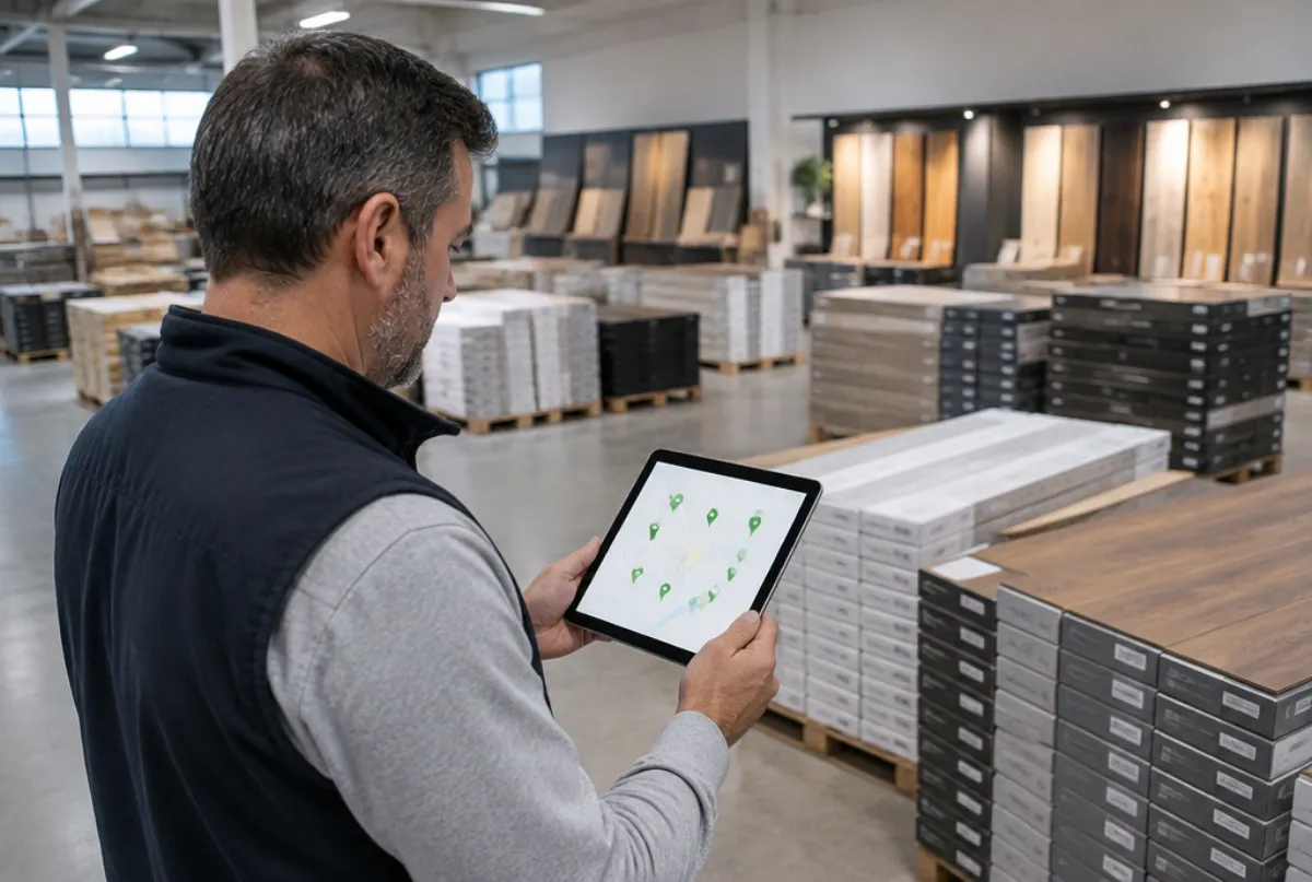 Flooring company owner checking a map on a tablet in a warehouse