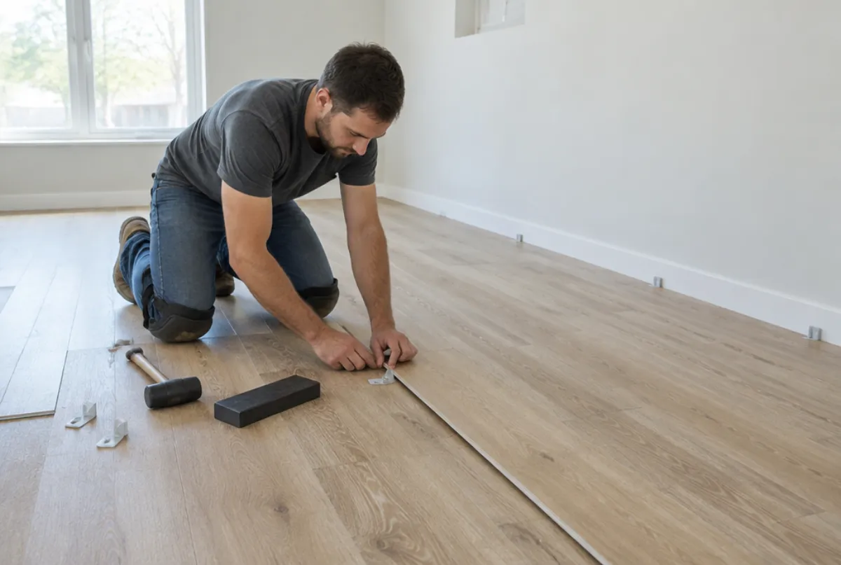 Installer laying luxury vinyl plank flooring