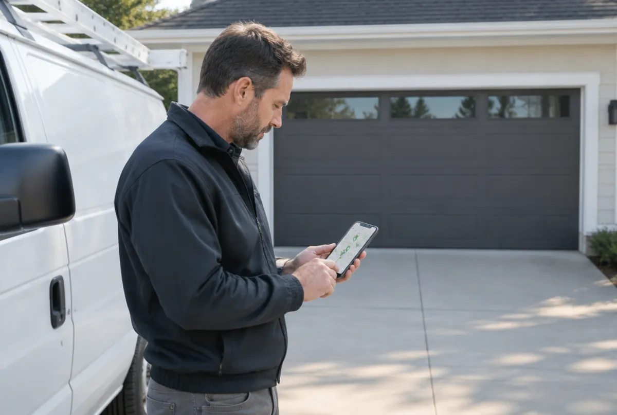 Garage door company owner checking a map on his phone in a driveway