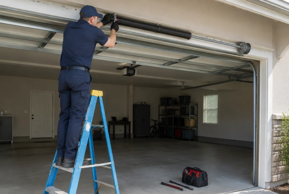 Garage door technician replacing a torsion spring from a ladder