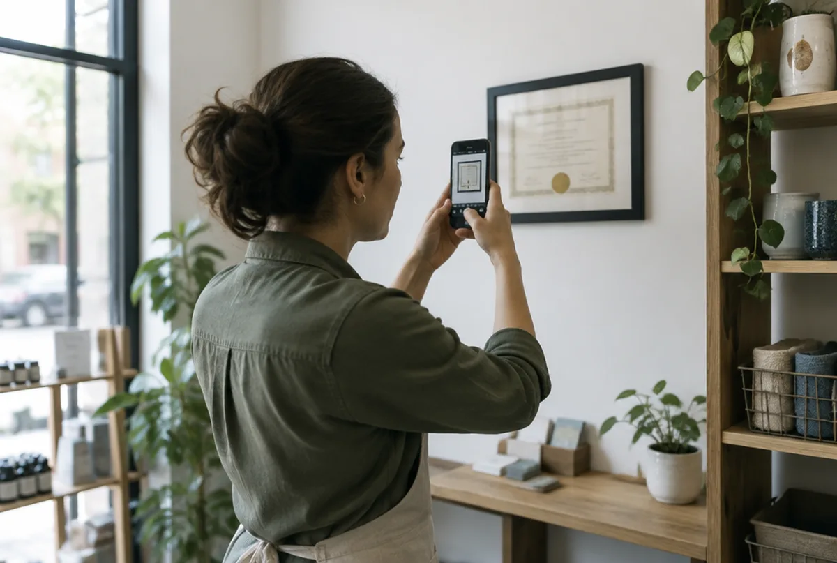 Owner photographing her business license and storefront sign for proof