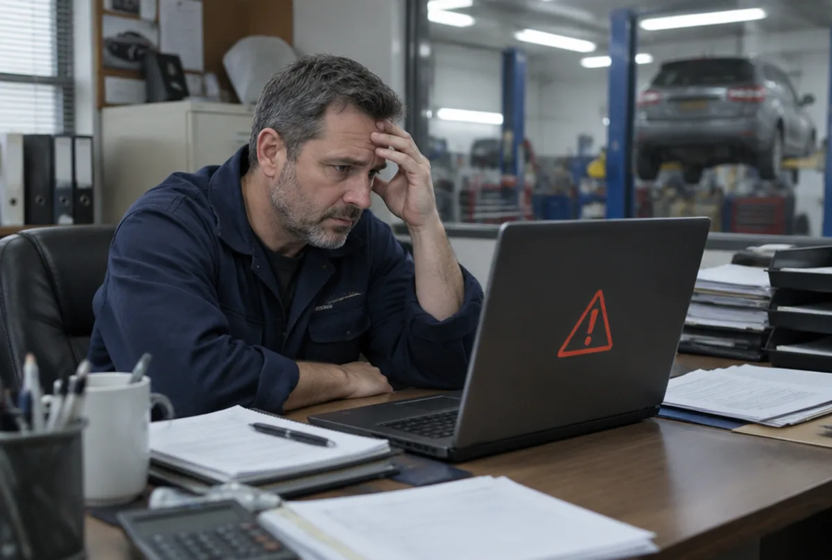 Worried business owner looking at a warning message on his laptop in the office