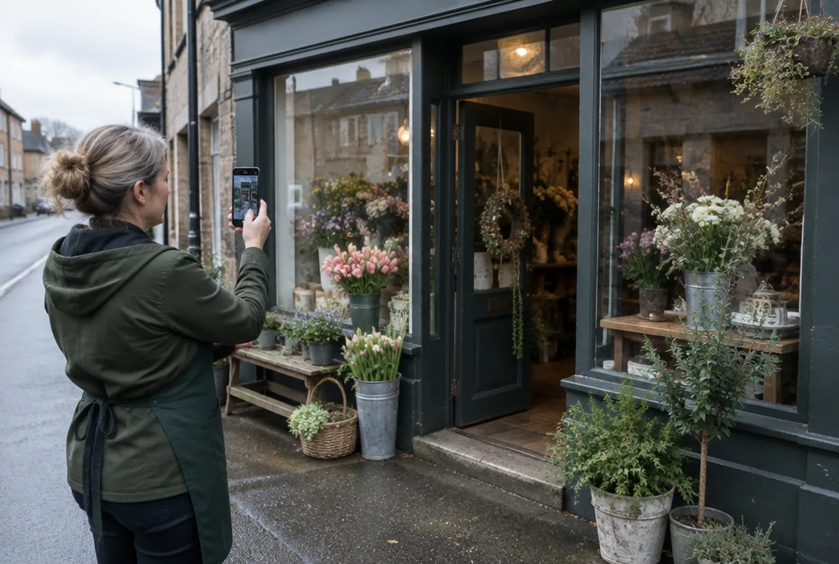 Shop owner recording the storefront entrance on her phone