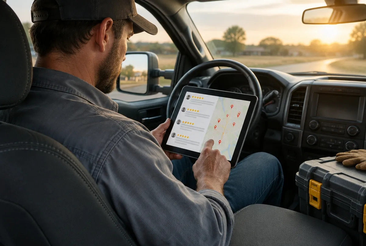 Contractor reading new customer reviews and a service area map on a tablet in his truck