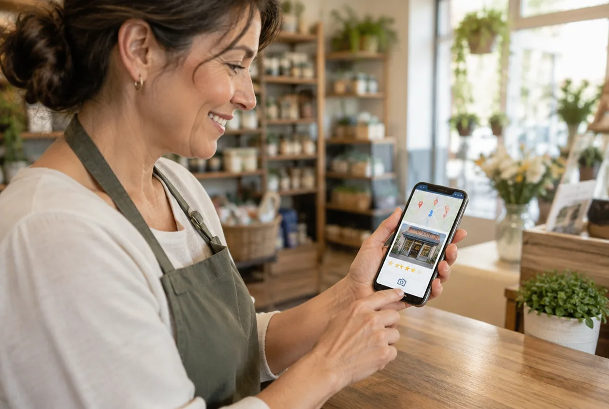 Shop owner adding a storefront photo to her business listing on her phone