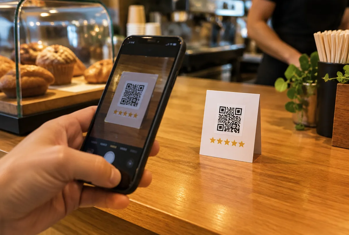 Customer scanning a review QR code on a card at a shop counter