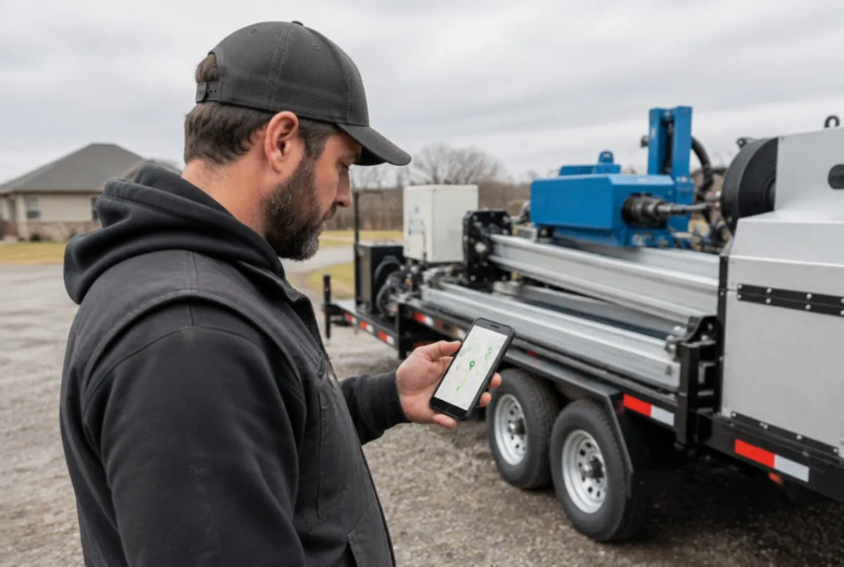 Gutter company owner checking a map on his phone next to a gutter machine trailer
