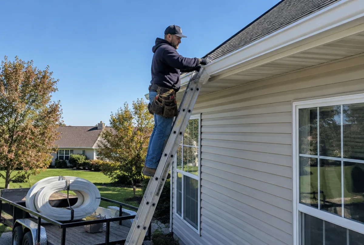 Installer fitting a new seamless gutter from a ladder