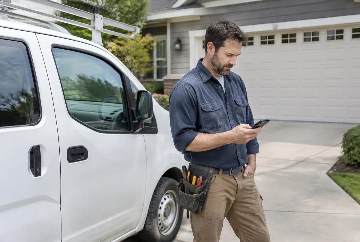 Handyman business owner checking a map on his phone beside his work van
