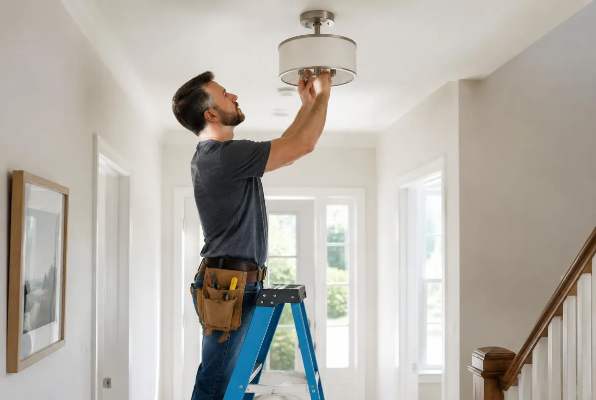 Handyman on a step ladder installing a ceiling light in a hallway