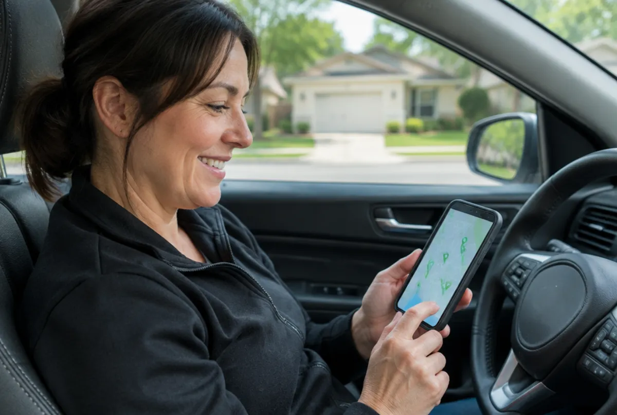 Cleaning business owner checking a map on her phone in her car