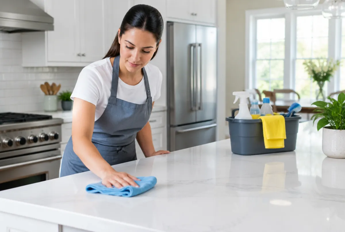 House cleaner wiping a bright kitchen island