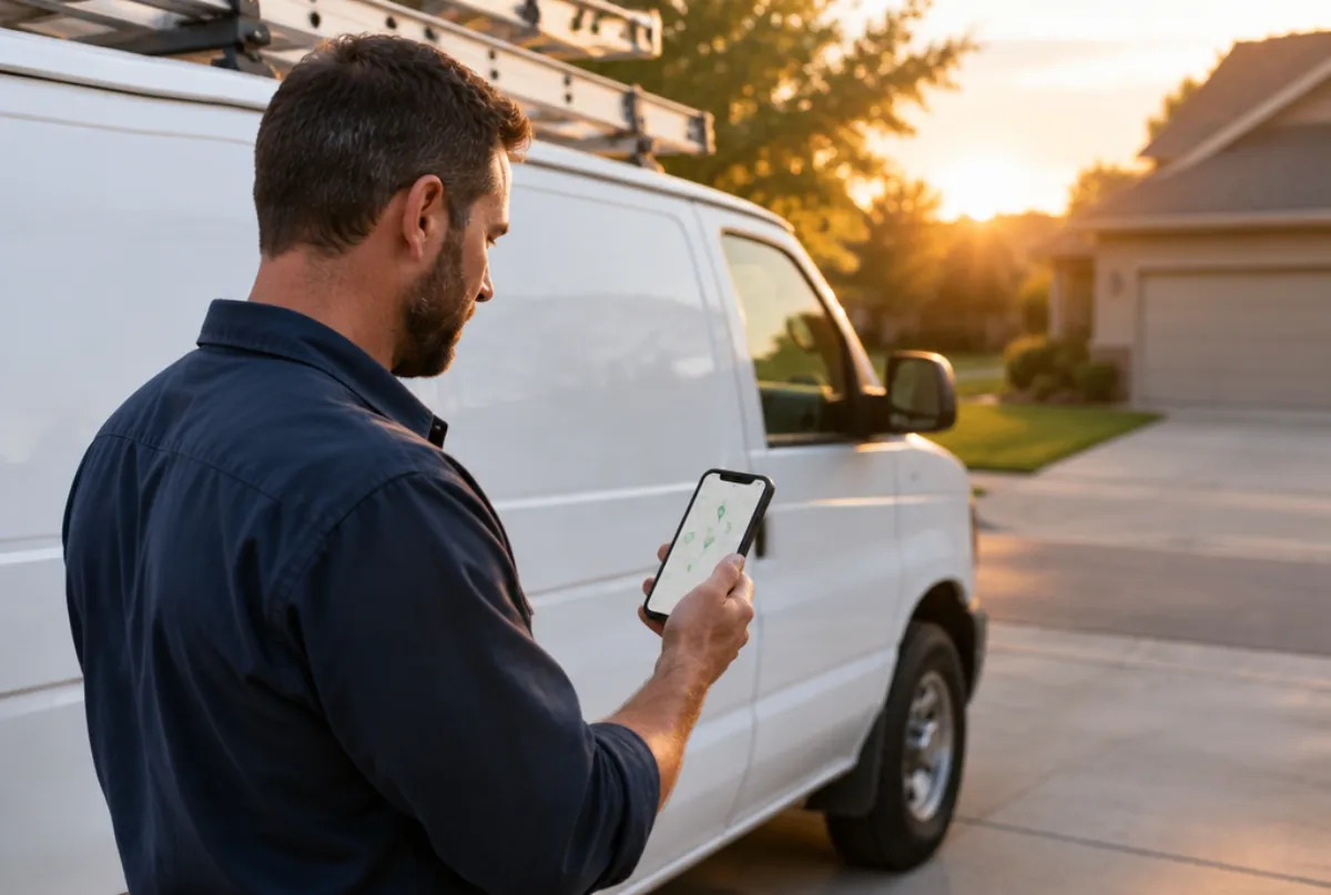 HVAC company owner checking a map on his phone beside his service van