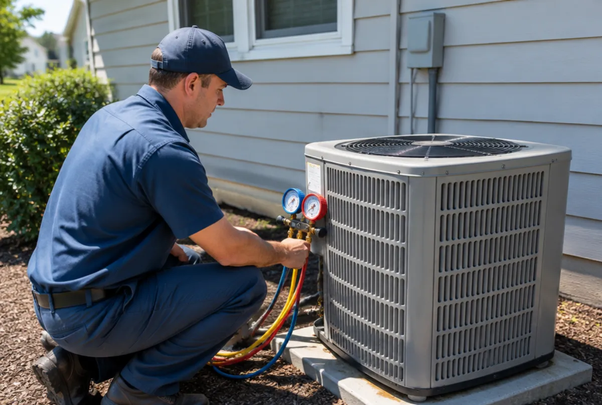 HVAC technician servicing an outdoor air conditioner