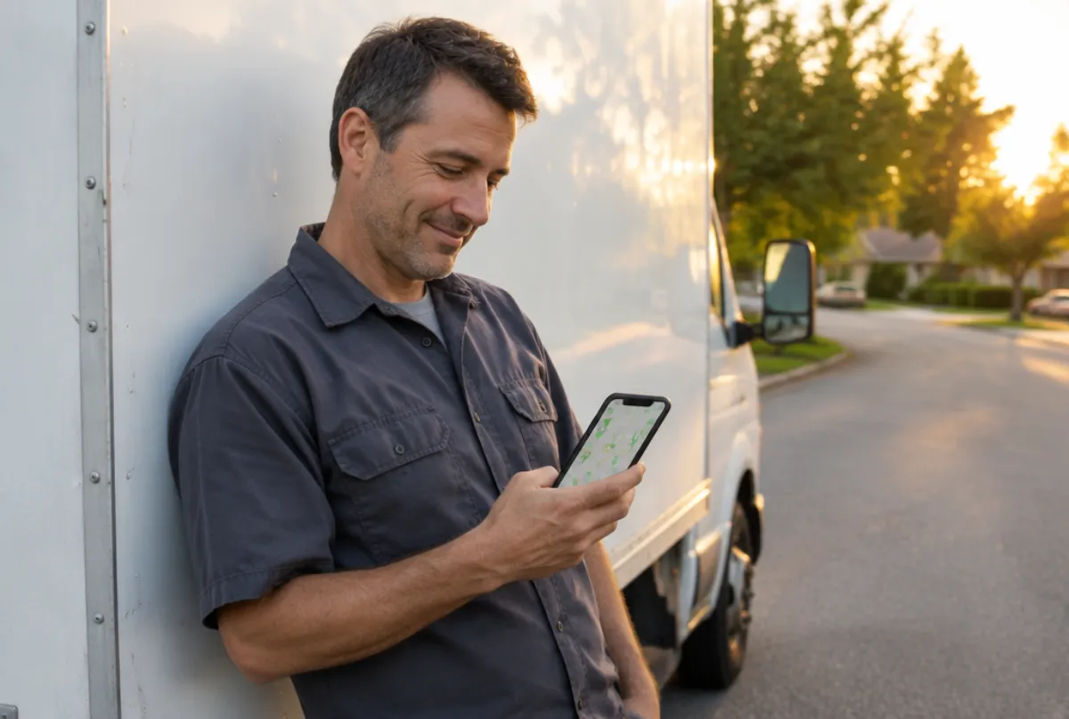 Junk removal company owner checking his map on his phone next to his truck