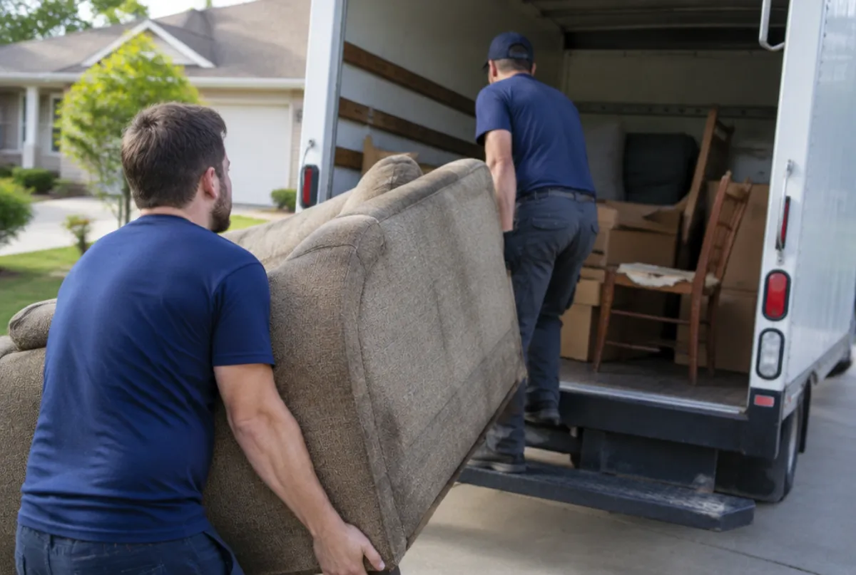 Junk removal crew loading furniture into a truck in a driveway