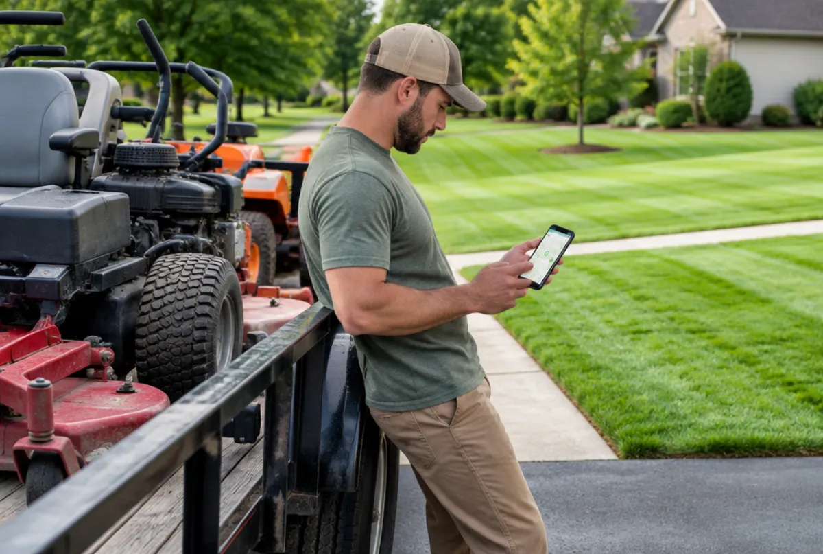 Landscaping business owner checking a map on his phone by a mower trailer
