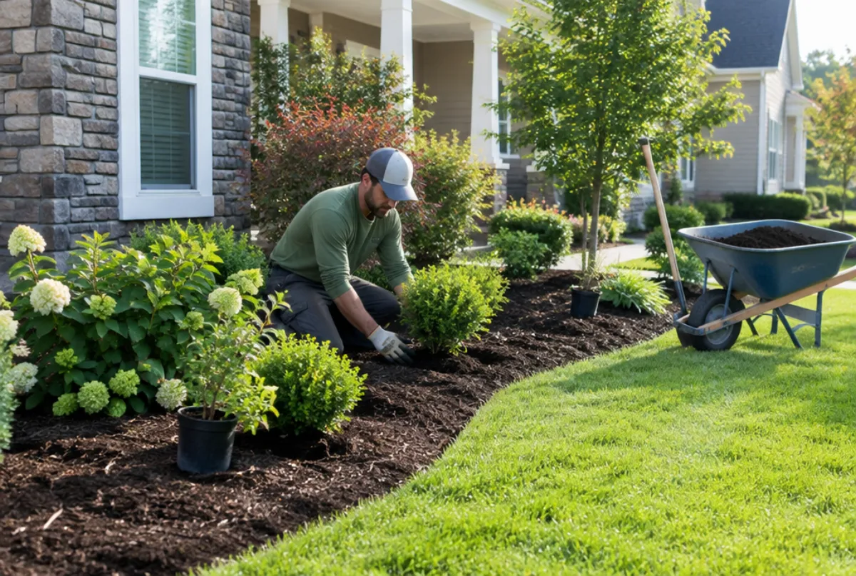 Landscaper planting shrubs and laying mulch in a front yard