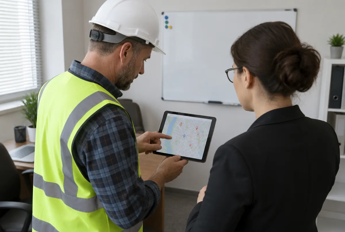 Contractor and office manager looking at a map on a tablet together