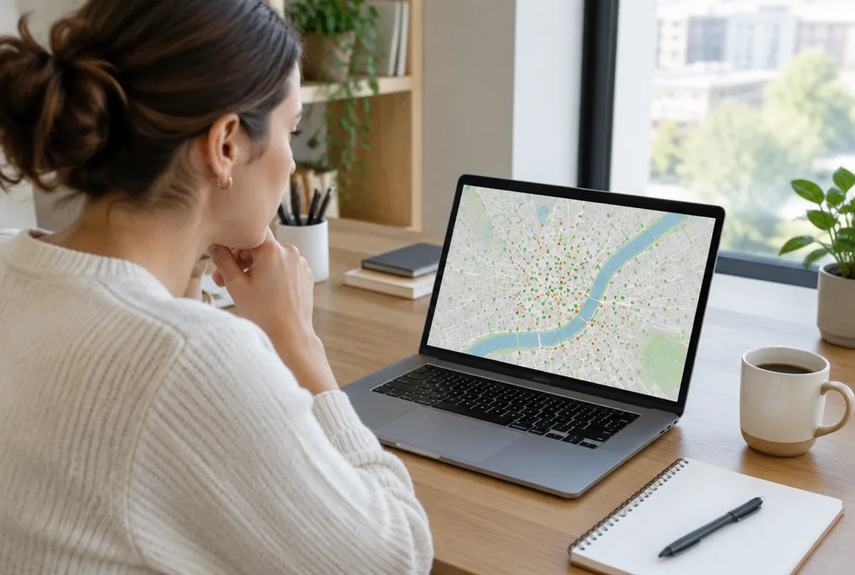 Small business owner at a desk reviewing a map of her service area on a laptop