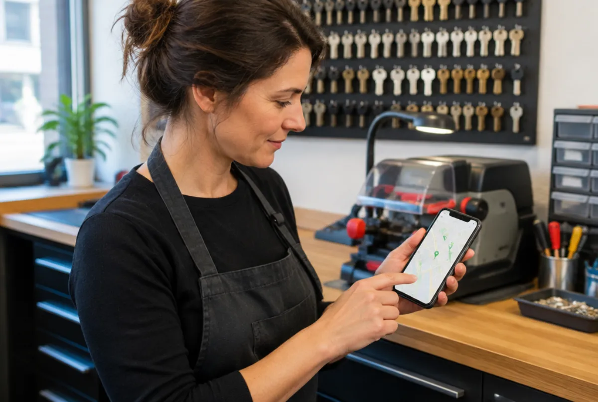 Locksmith business owner checking a map on her phone in her shop