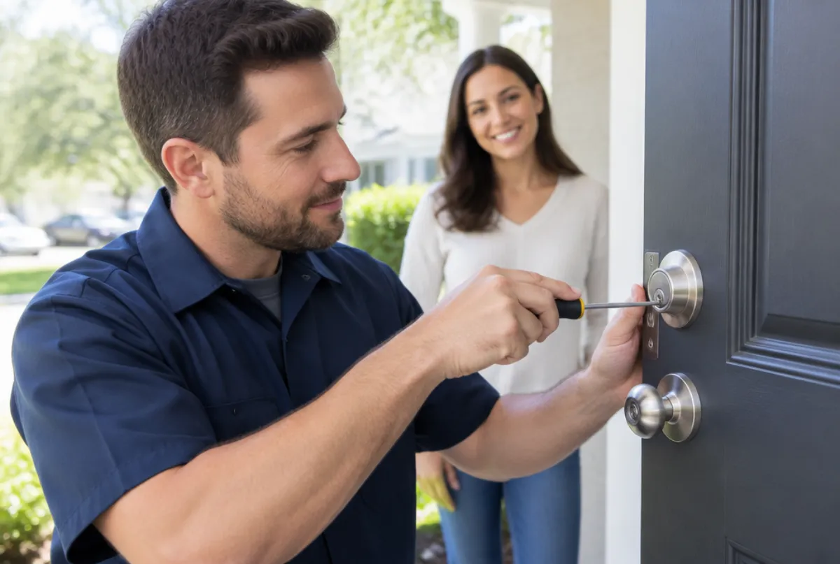 Locksmith installing a new deadbolt on a front door