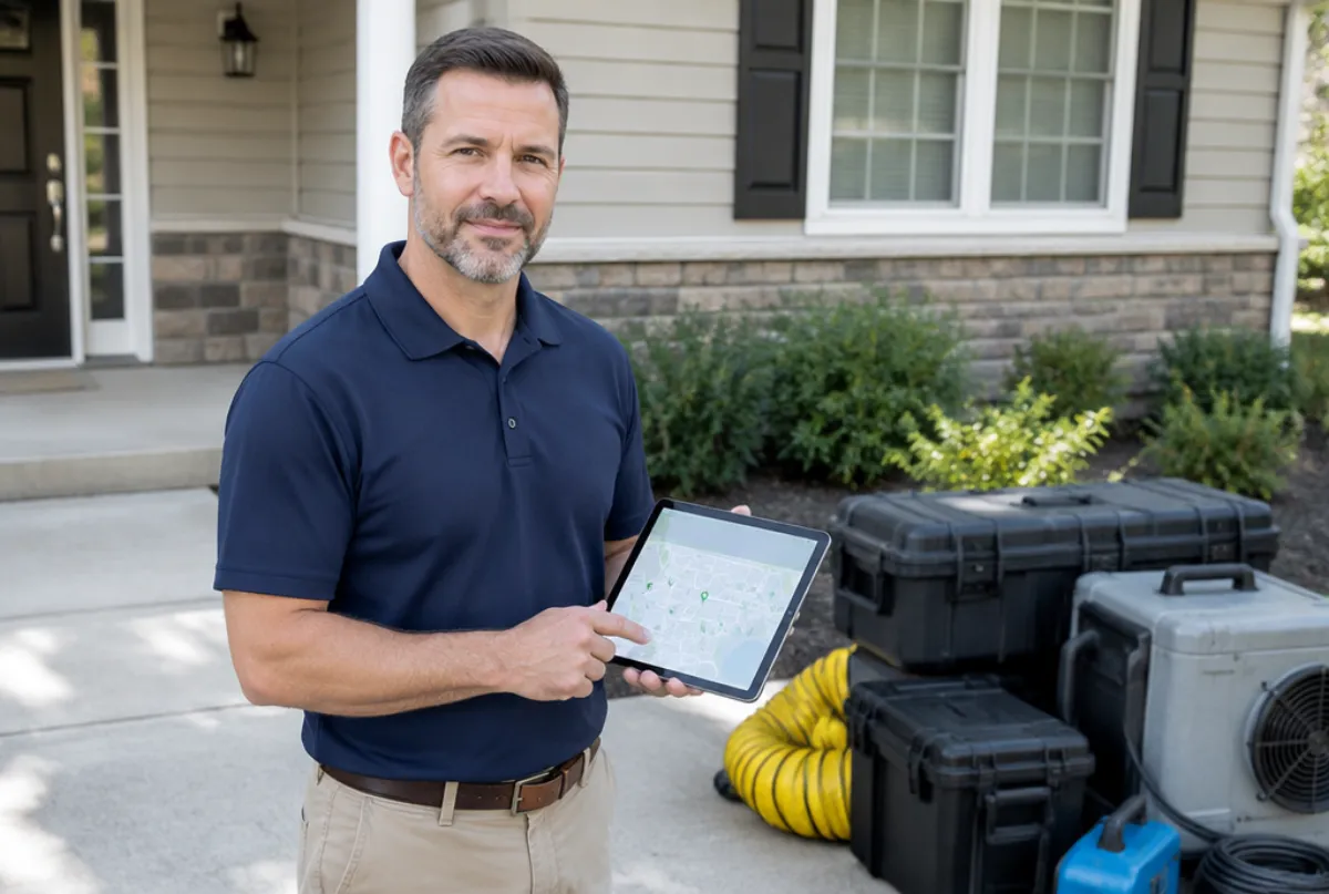 Mold remediation company owner holding a tablet with a map outside a home