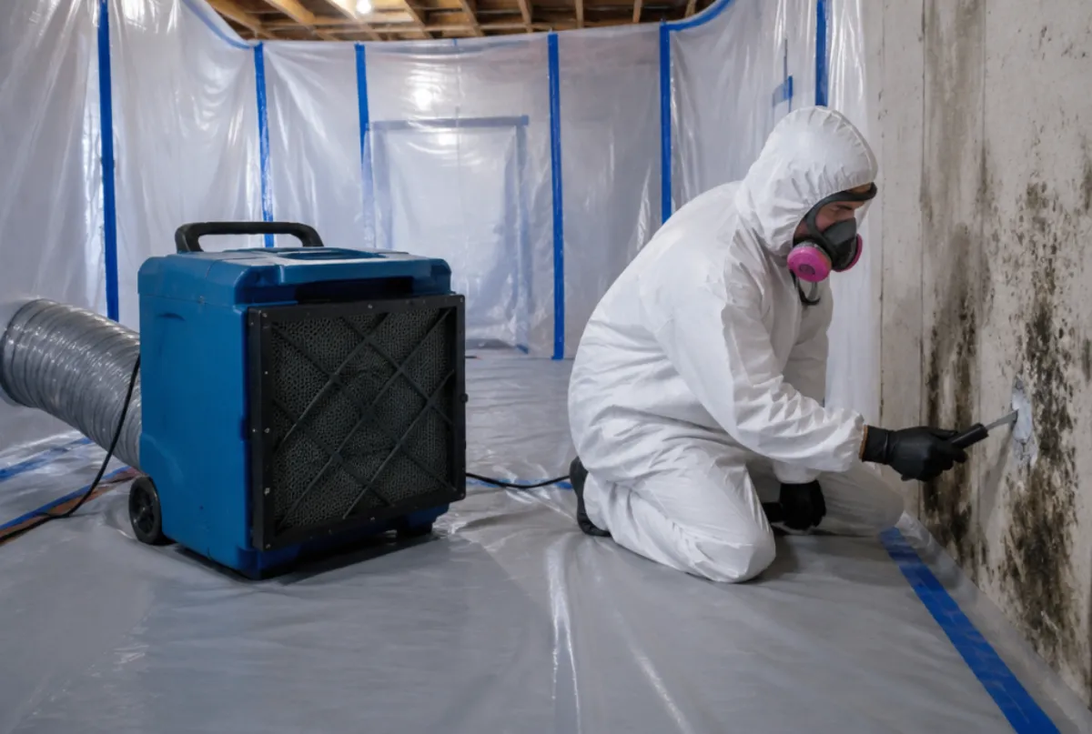 Mold remediation technician working inside plastic containment