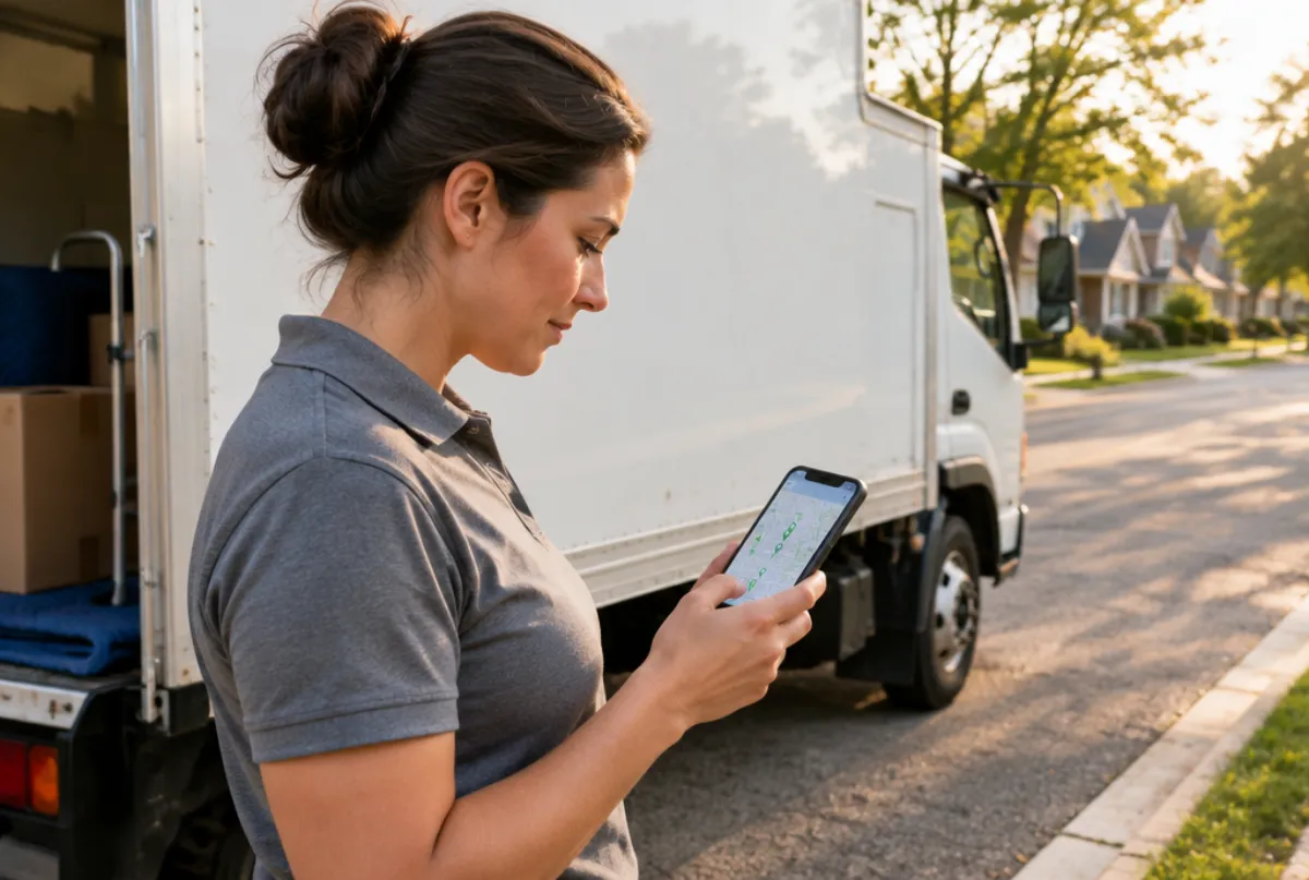 Moving company owner checking a map on her phone beside a truck