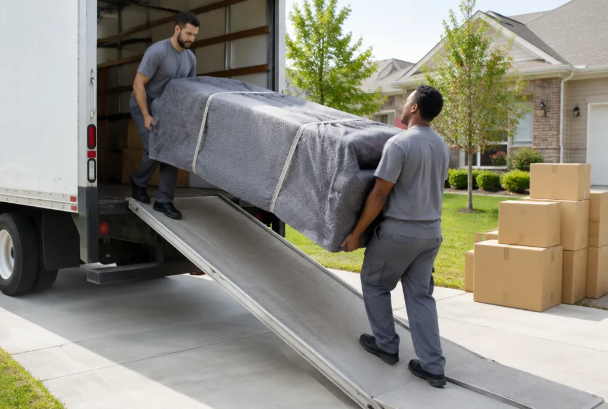 Two movers carrying a wrapped sofa up a moving truck ramp