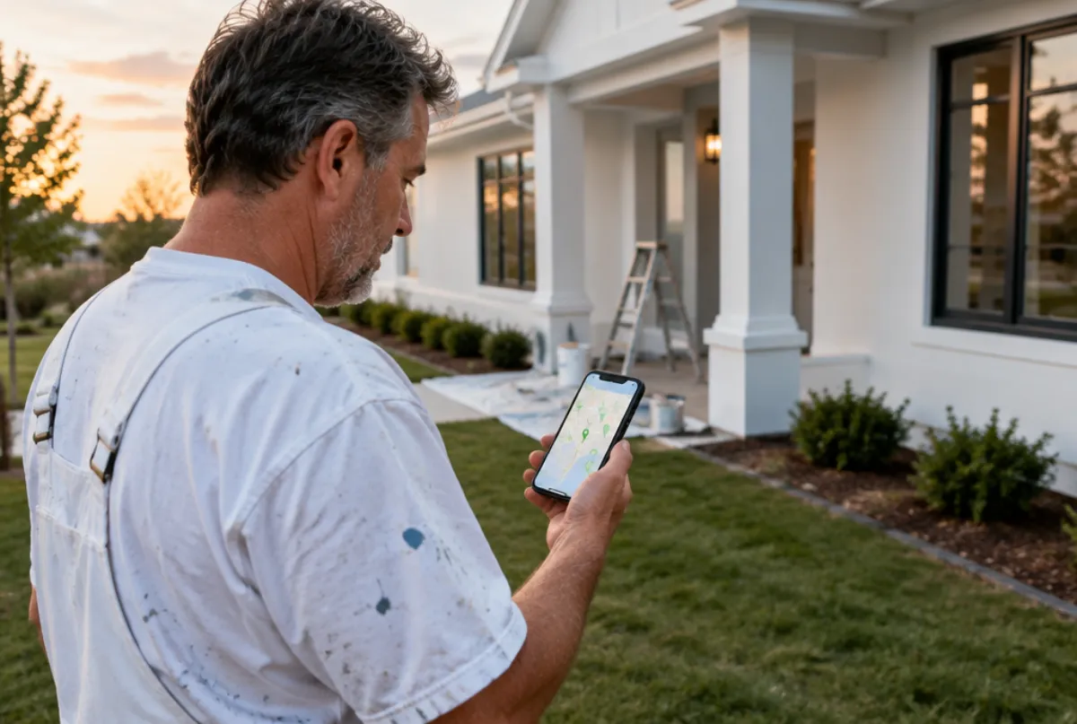 Painting contractor checking a map on his phone in front of a finished home