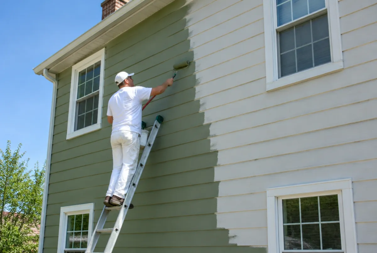 House painter rolling fresh paint onto siding from a ladder