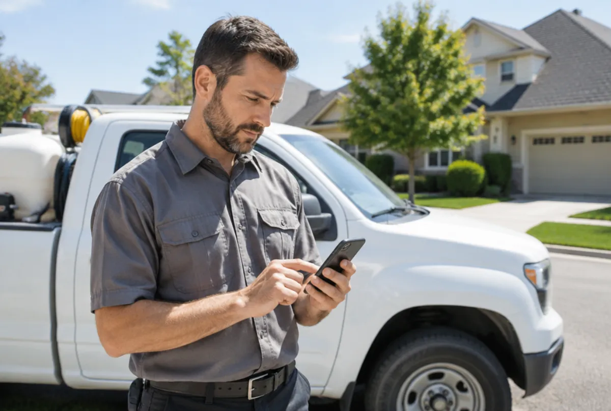 Pest control business owner checking a map on his phone by his truck