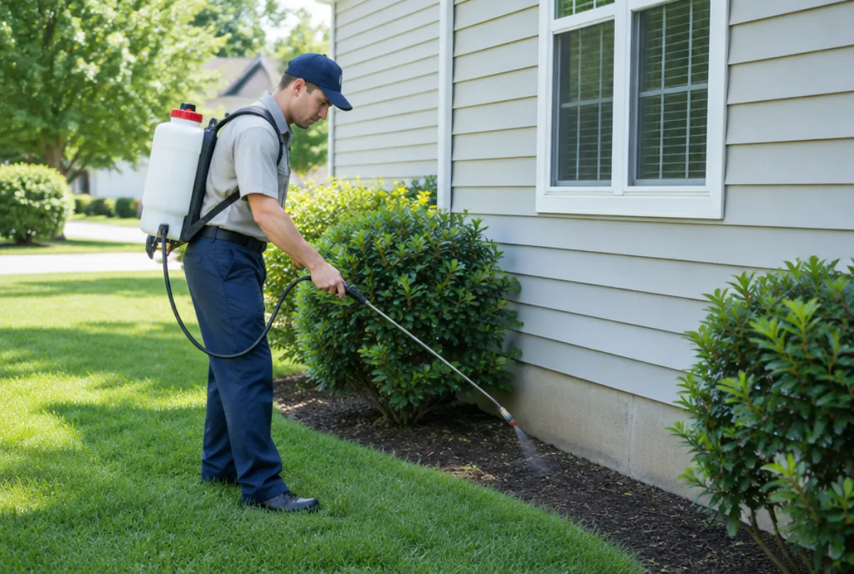 Pest control technician treating a home's foundation with a sprayer