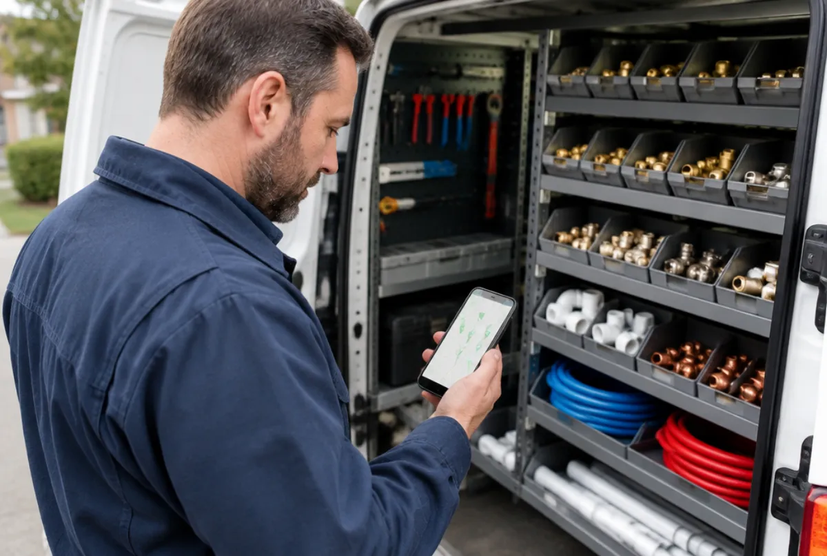 Plumbing business owner checking a map on his phone at his stocked van