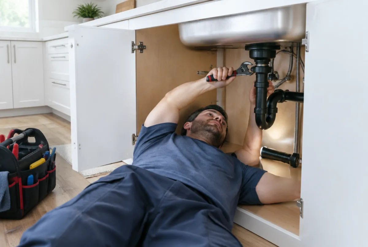 Plumber tightening a pipe under a kitchen sink