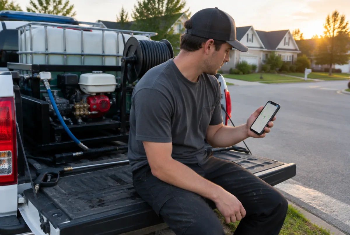 Pressure washing business owner checking a map on his phone on his truck tailgate