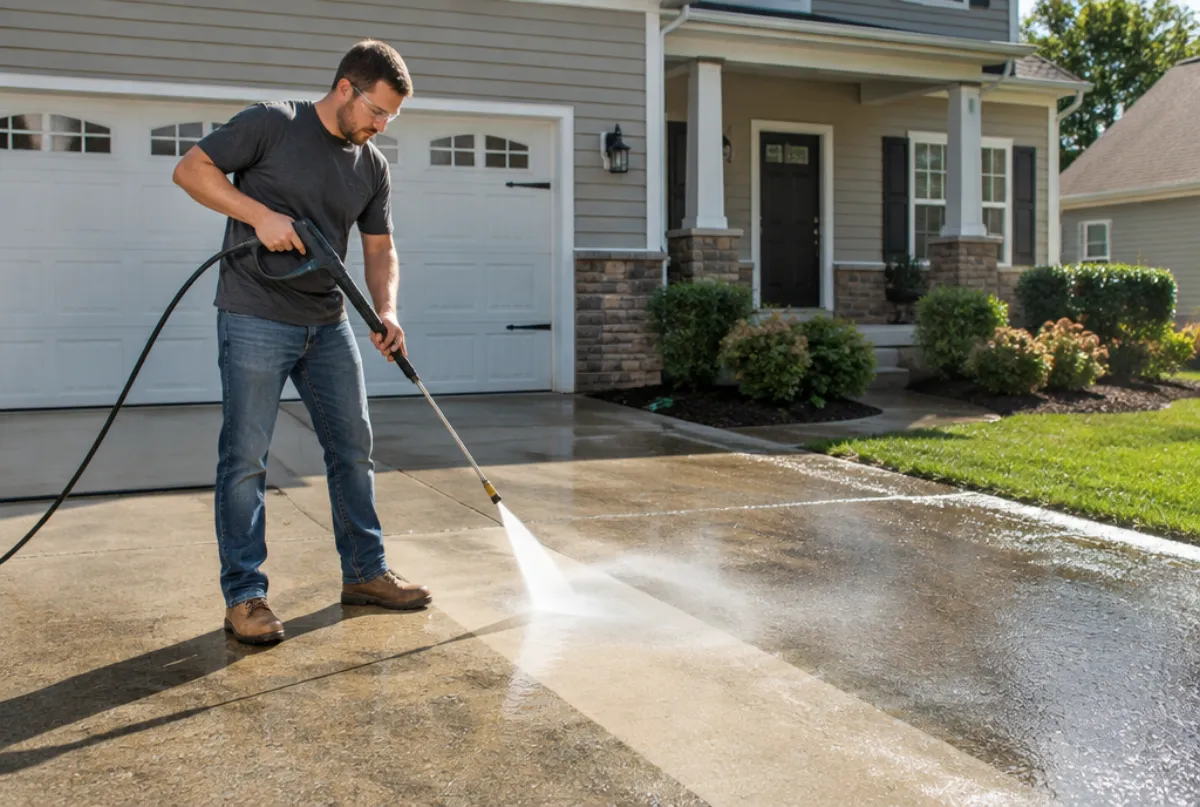 Technician pressure washing a dirty concrete driveway