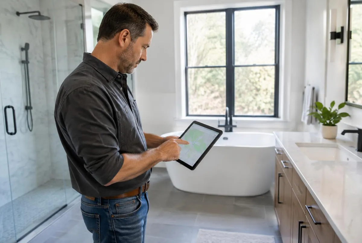 Remodeling contractor checking a map on a tablet in a finished bathroom