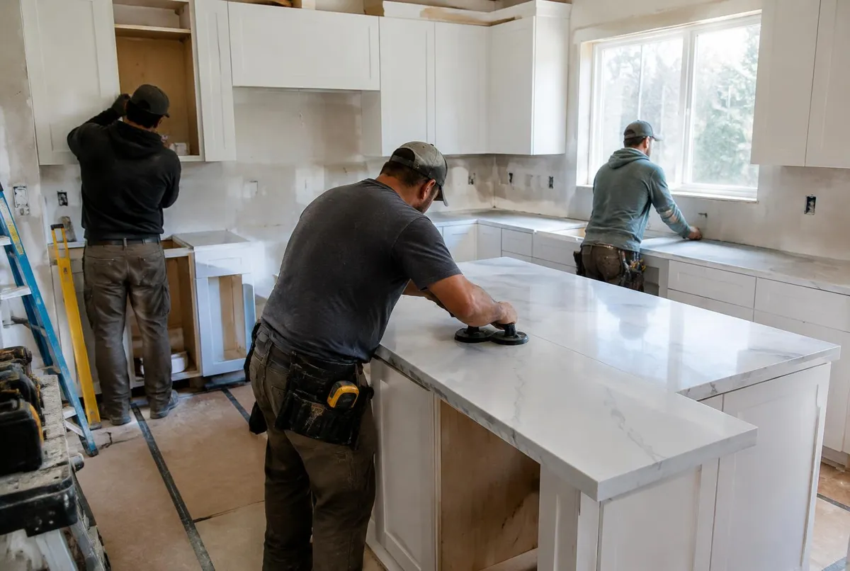 Remodeling crew installing white cabinets and a marble look countertop in a kitchen